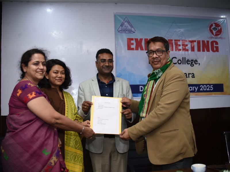 Prof. Pravin Kumar Mishra handing over the sealed Peer Team Report to the Principal, Vice Principal and IQAC Coordinator of Bikali College after the Exit Meeting.